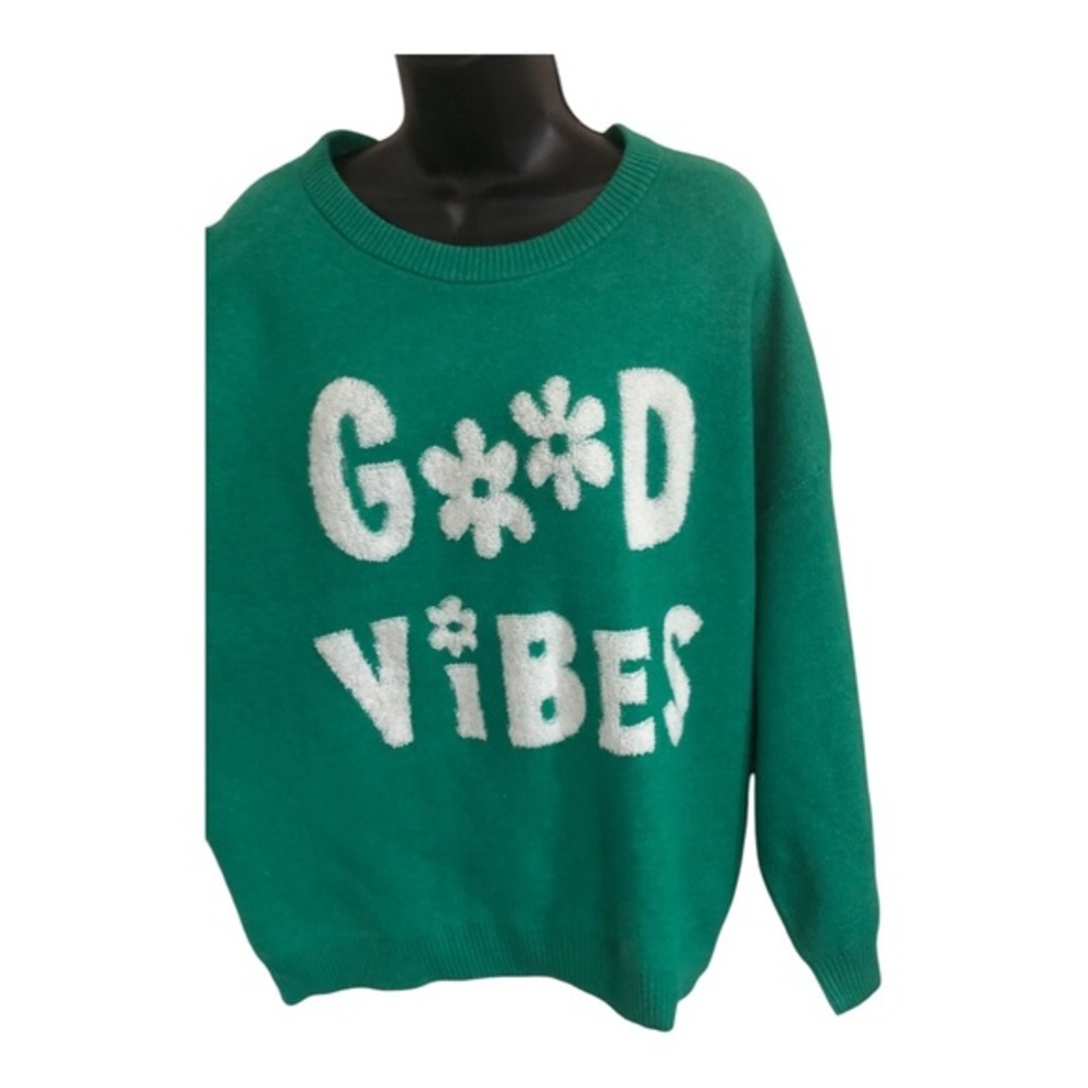 Green good vibes embroidered oversized slouchy sweater size XL new